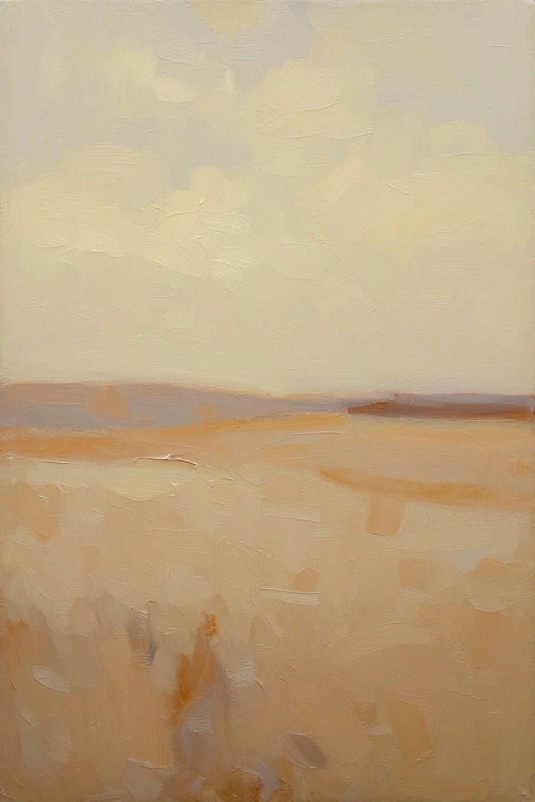 Abstract landscape painting with soft beige clouds over textured warm-toned plain.
