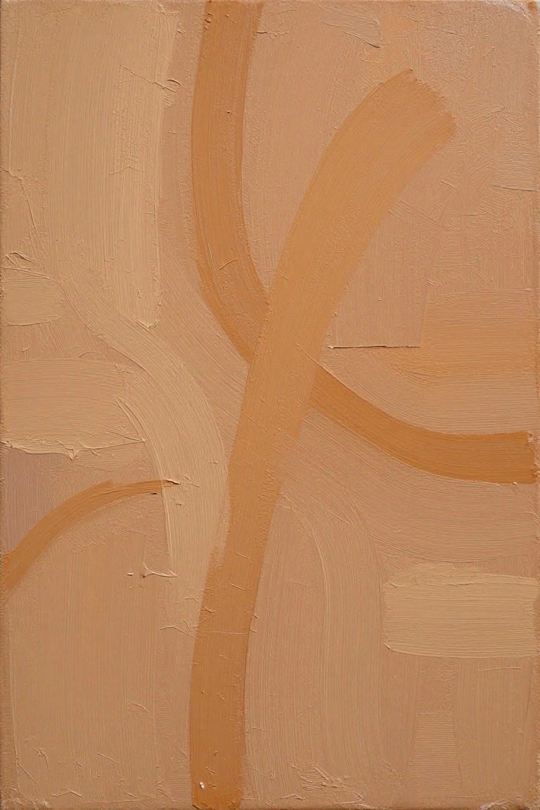 Abstract painting with thick beige and brown brushstrokes forming curved organic lines.