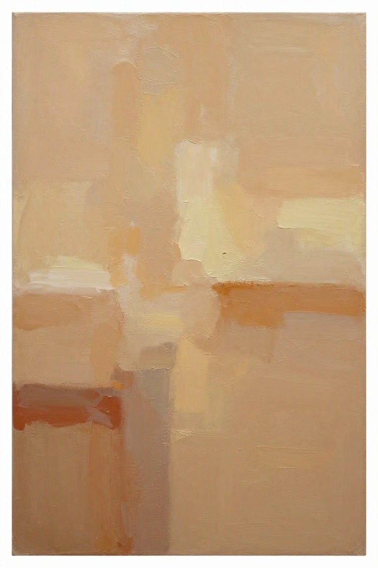 An abstract oil painting composed of overlapping rectangular shapes in warm beige, tan, and soft orange tones with visible brushstrokes.