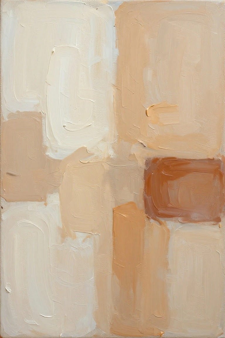 Abstract painting of textured brushstrokes in neutral beige, white, and brown tones