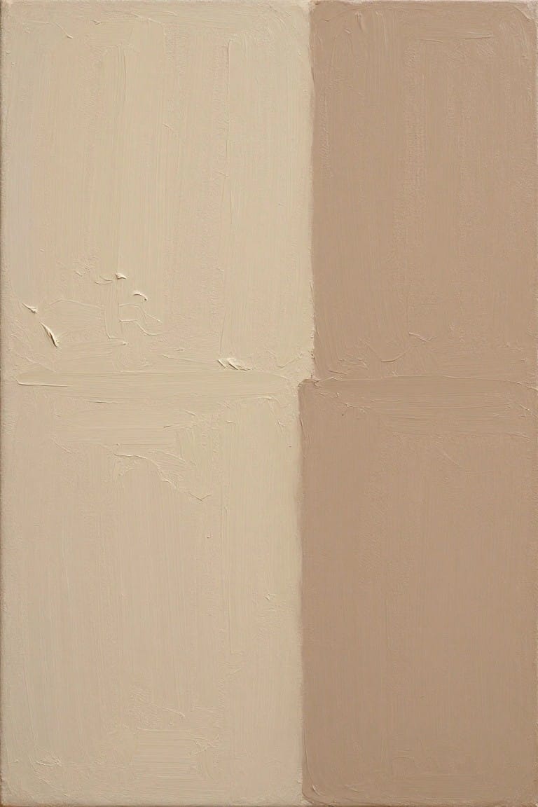 Abstract painting with four quadrants in varying beige tones and textured brushstrokes.