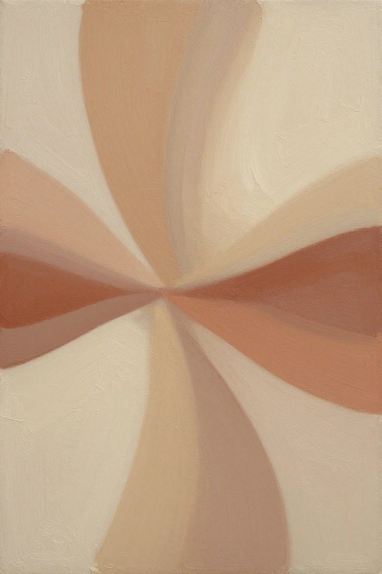 Abstract painting of swirling curved forms in beige, peach, and terracotta tones