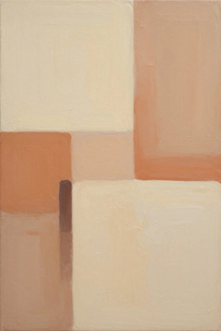Abstract painting of overlapping rectangles in beige, peach, and orange tones