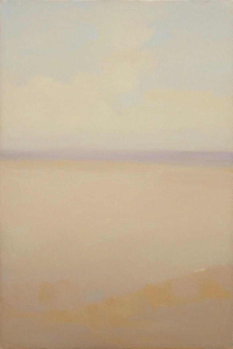 Soft pastel oil painting of hazy horizon in blue and beige tones.
