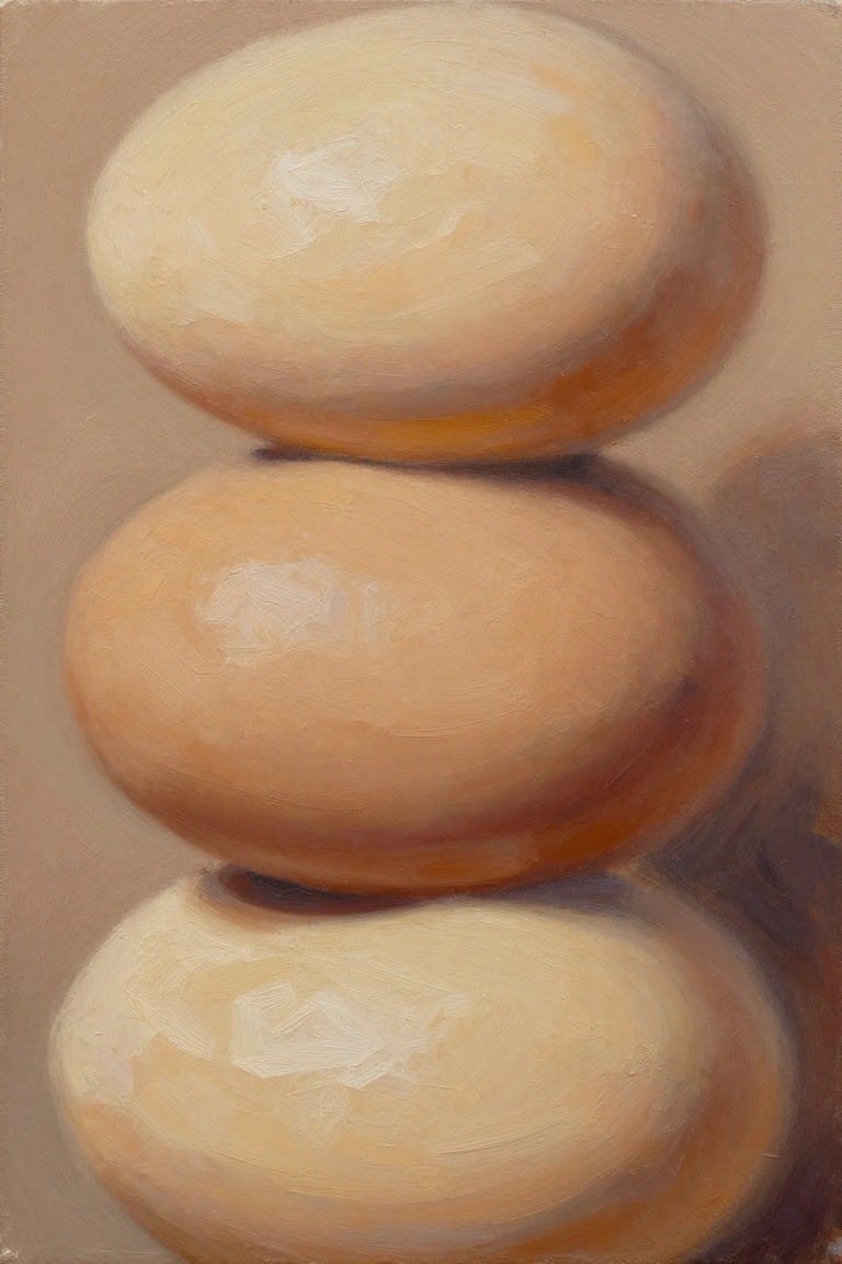 Three stacked smooth stones in warm beige, brown, and orange tones