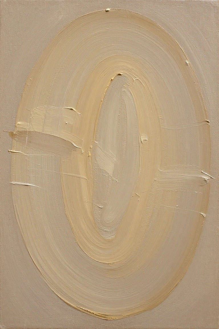 Abstract beige oval with thick textured brushstrokes on neutral canvas.