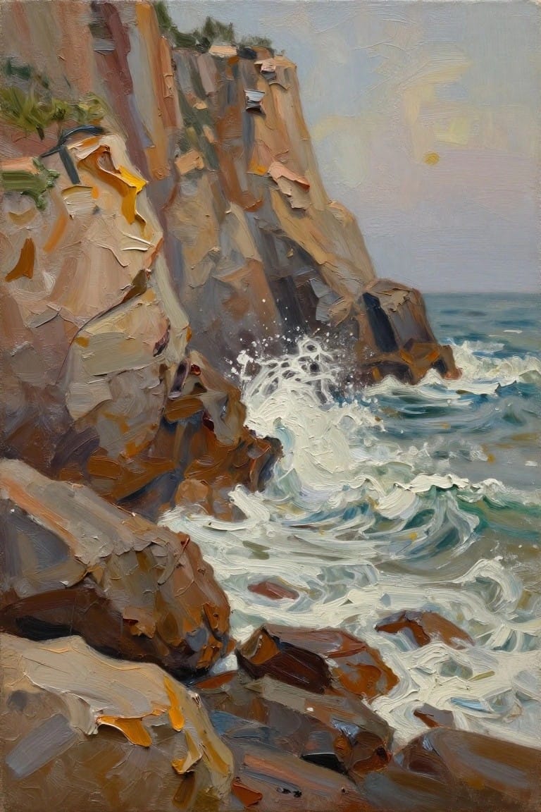 Impasto oil painting of waves crashing against rugged brown coastal cliffs.
