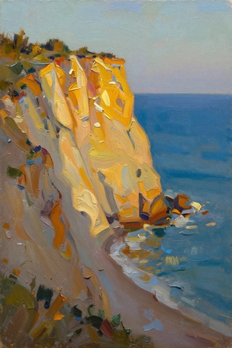 Impressionistic oil painting of a yellow cliff beside a blue sea