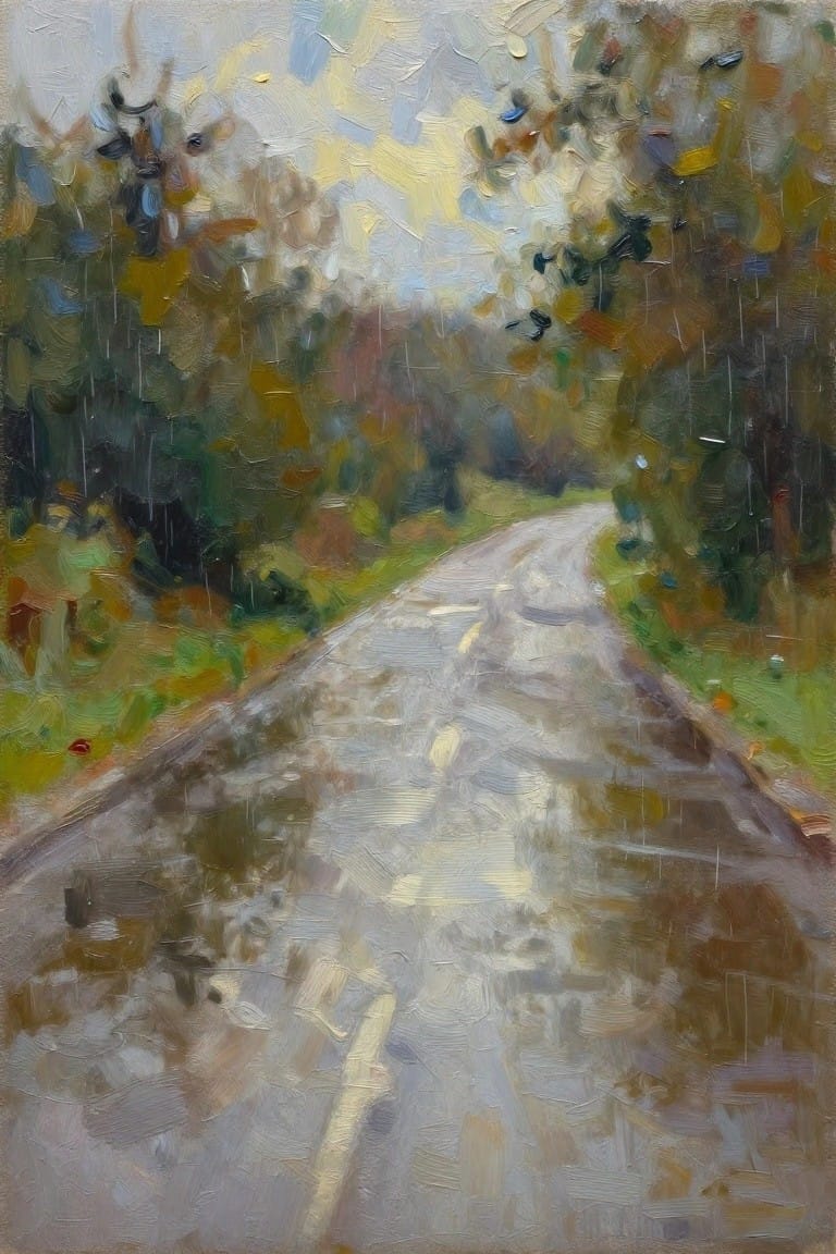 Impressionist painting of a rain-slicked road curving through colorful autumn woods