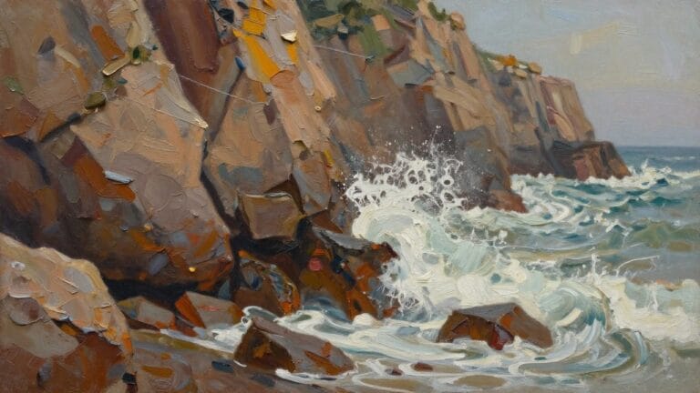 18 Essential Landscape Oil Painting Techniques for Rich Texture and Depth Impasto oil painting of waves crashing against rugged brown coastal cliffs.