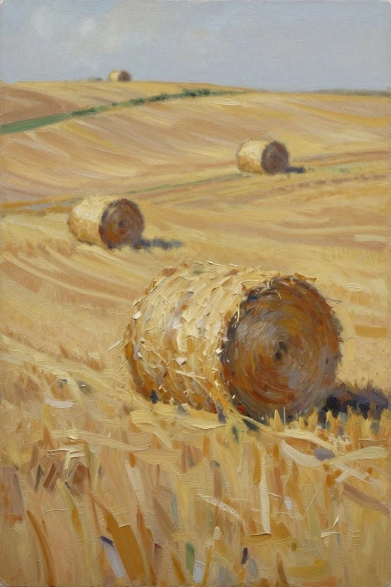 Hay bales scattered across rolling golden wheat fields under pale blue sky