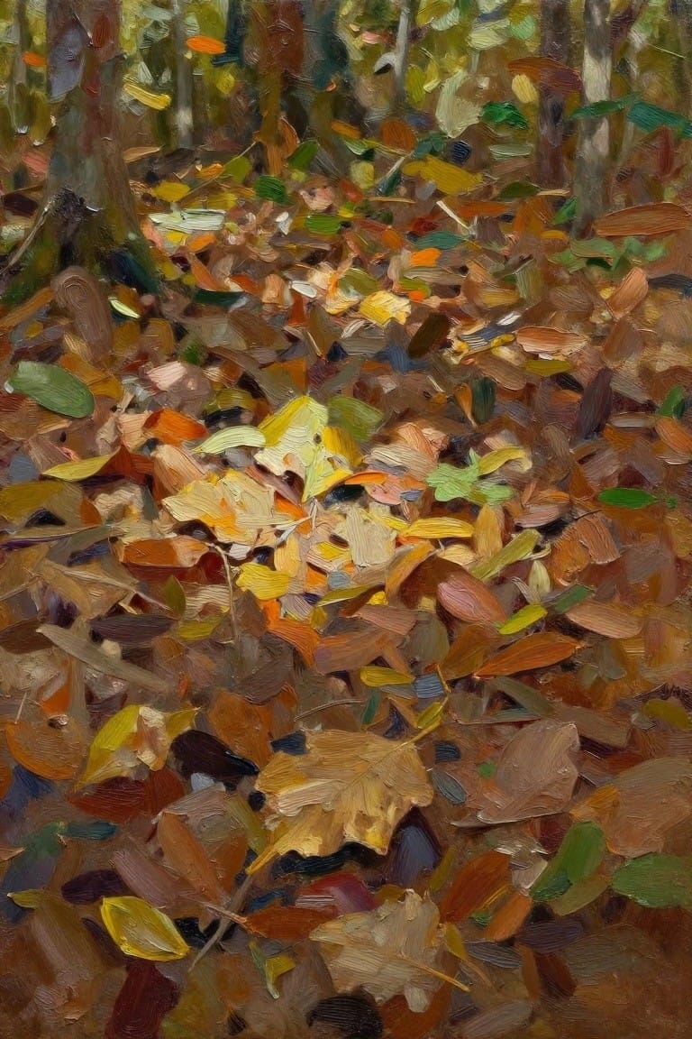 Fallen autumn leaves in vibrant yellows, oranges, and browns cover a forest floor