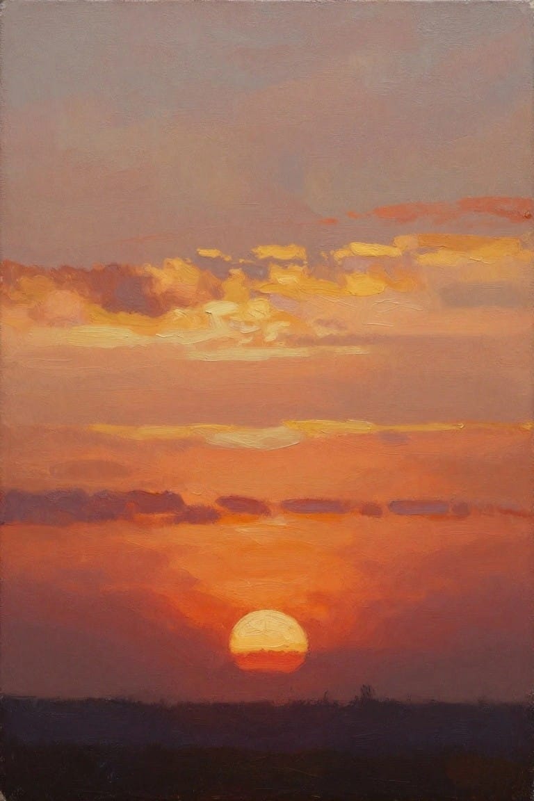 Vibrant oil painting of orange sunset with glowing sun above dark horizon