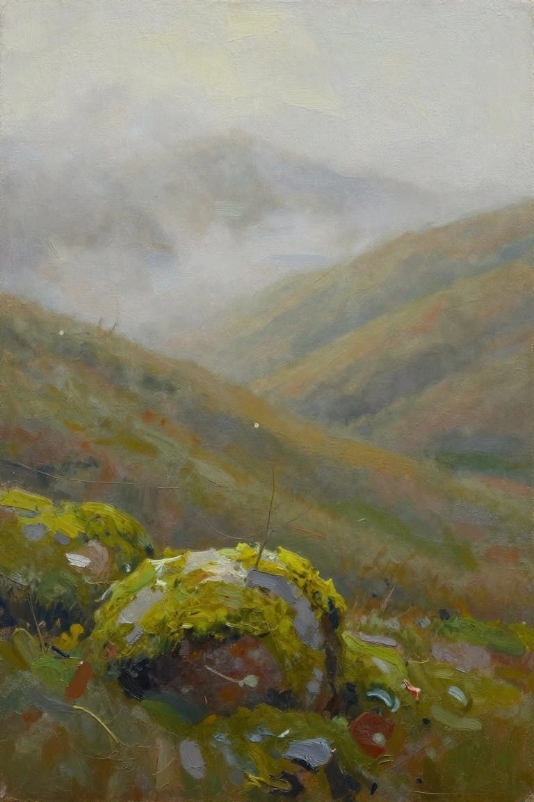 Misty mountain landscape with rolling hills and mossy yellow-green rocks in foreground