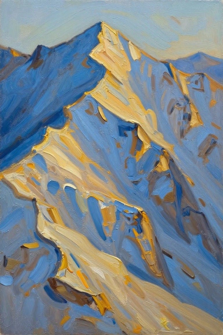 An oil painting of jagged mountain peaks in shades of blue with golden yellow highlights on the ridges under a pale sky.
