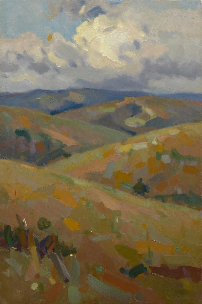 Colorful impressionist oil painting of rolling hills under cloudy skies with a distant figure.