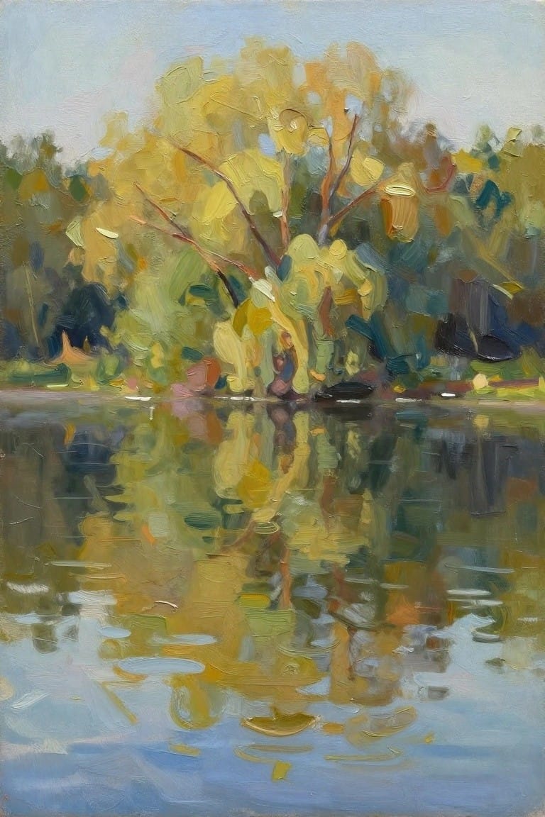 Impressionistic painting of autumn trees with yellow foliage reflected in calm water
