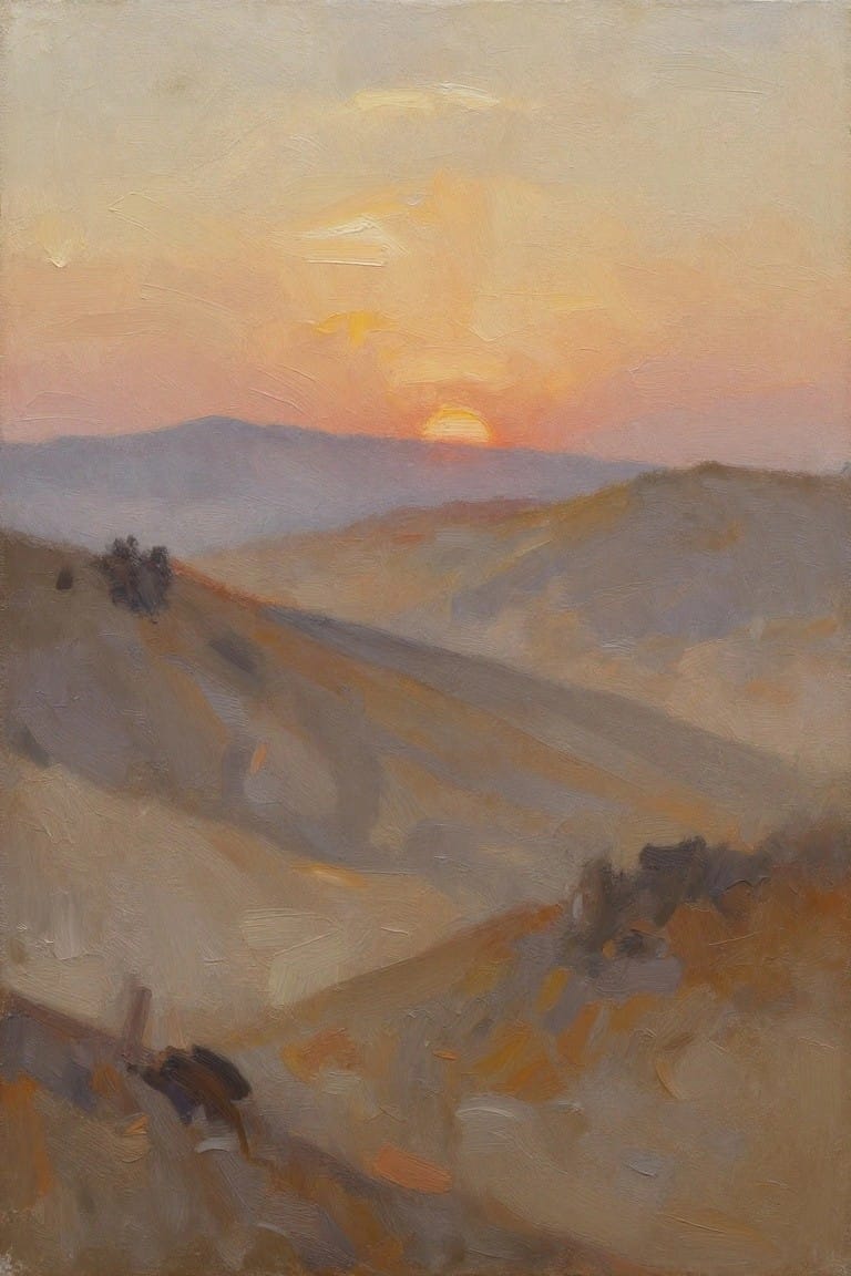 Impressionistic sunset painting with glowing sun over rolling hills in warm tones.