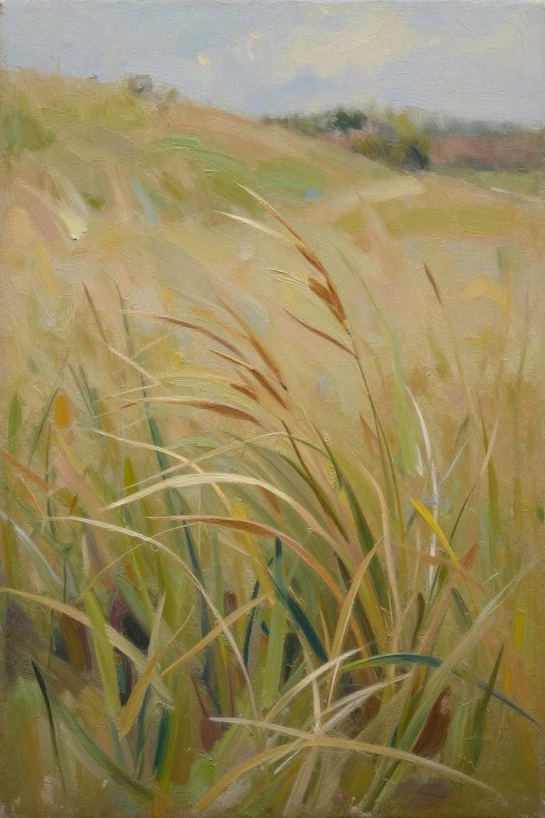 Oil painting of tall colorful grass stalks waving in a sunny meadow field