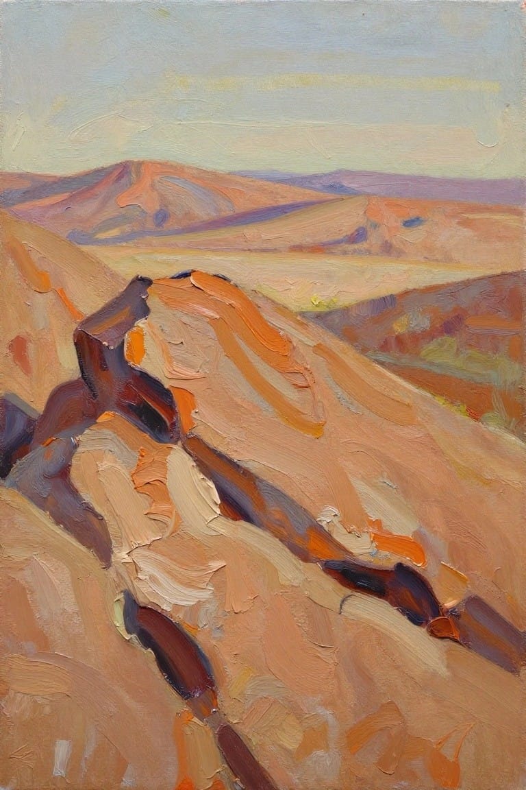 Impasto oil painting of rolling orange-brown hills under a pale sky.