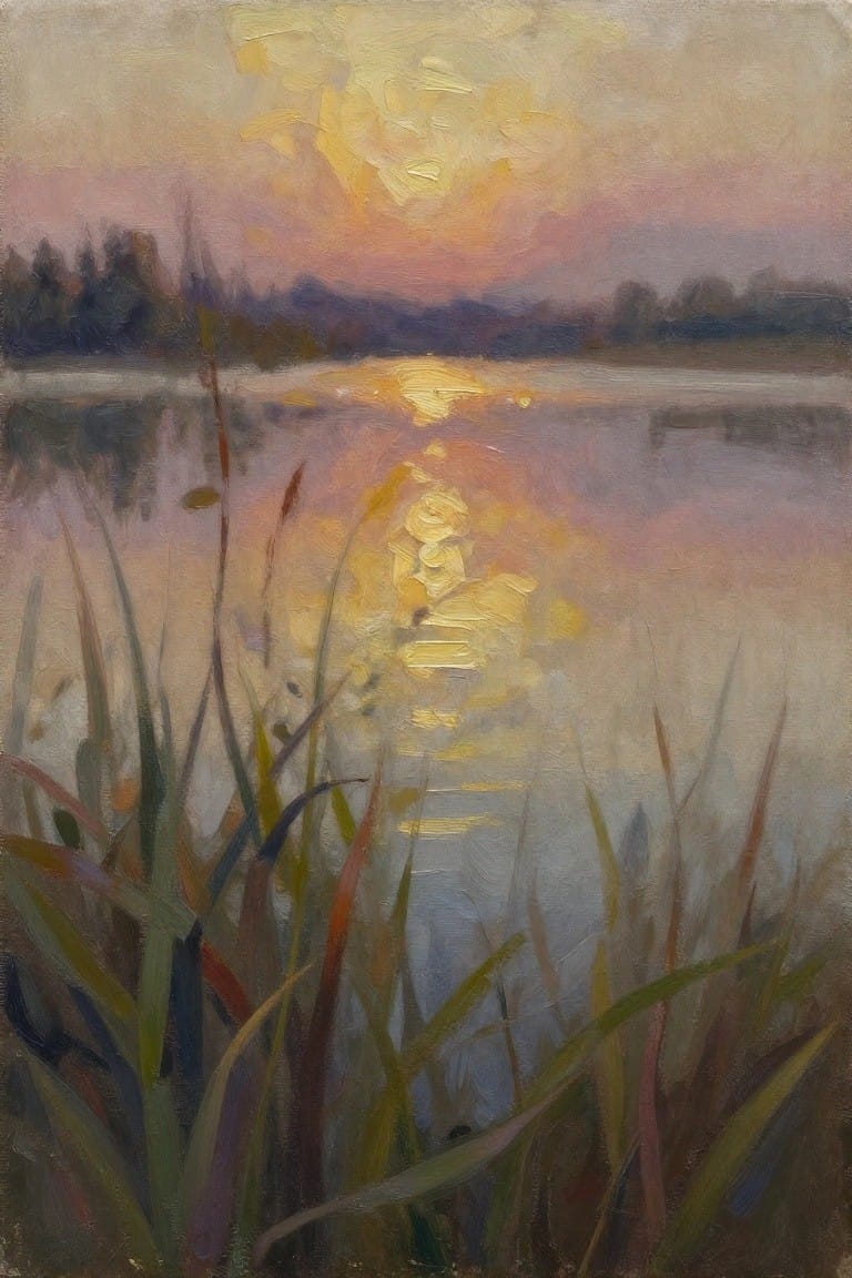 Impressionistic oil painting of sunset reflecting on lake amid colorful reeds
