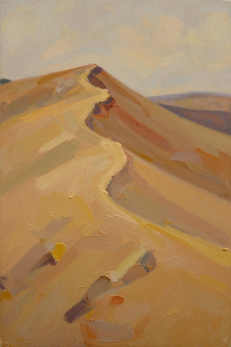 Oil painting of rolling hills in warm brown and orange tones