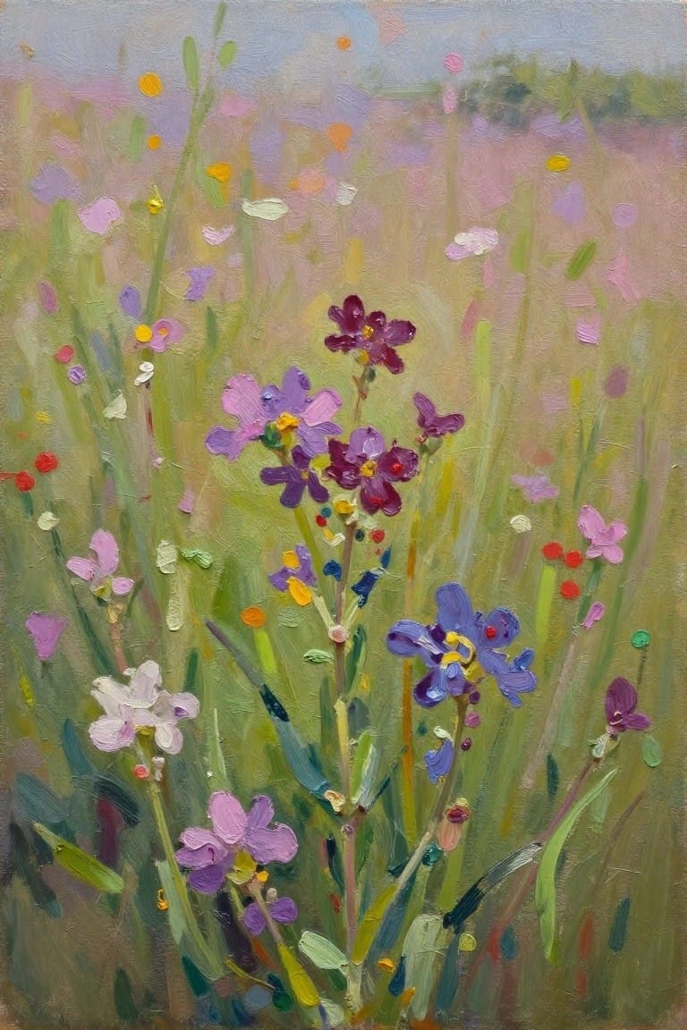 Vivid impressionistic painting of purple blue wildflowers in a green meadow