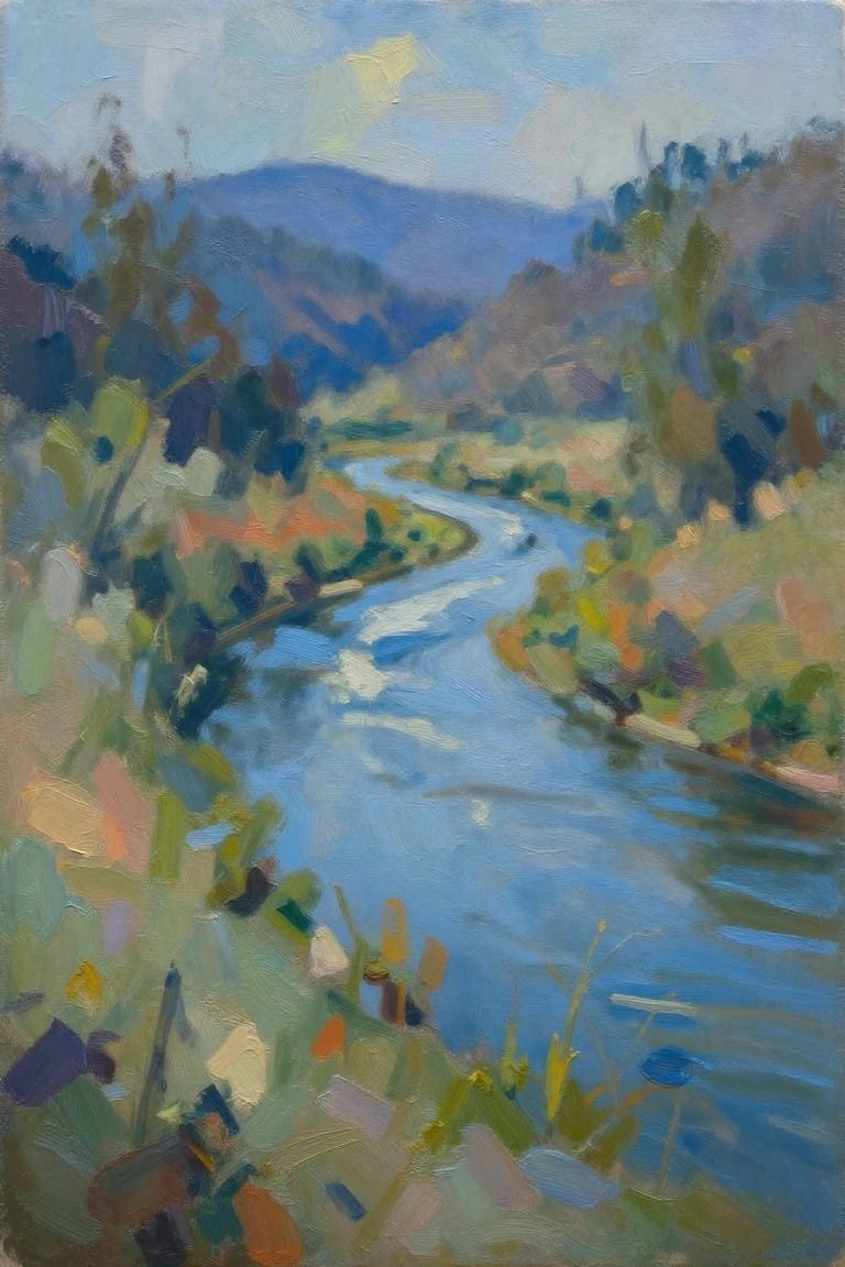 Colorful impressionist painting of a winding blue river through hilly autumn landscape.