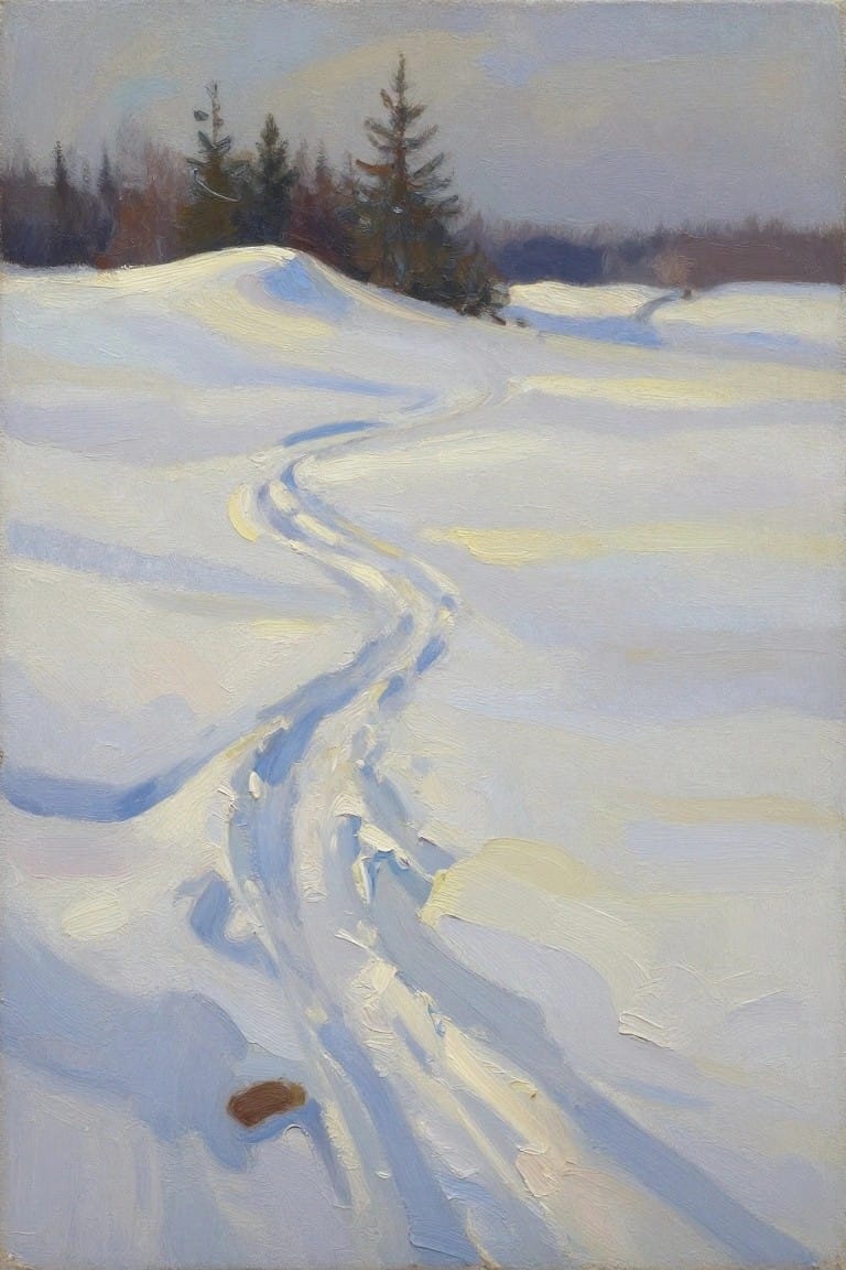 Snowy landscape with winding tracks, blue shadows, and distant pine trees in soft light.