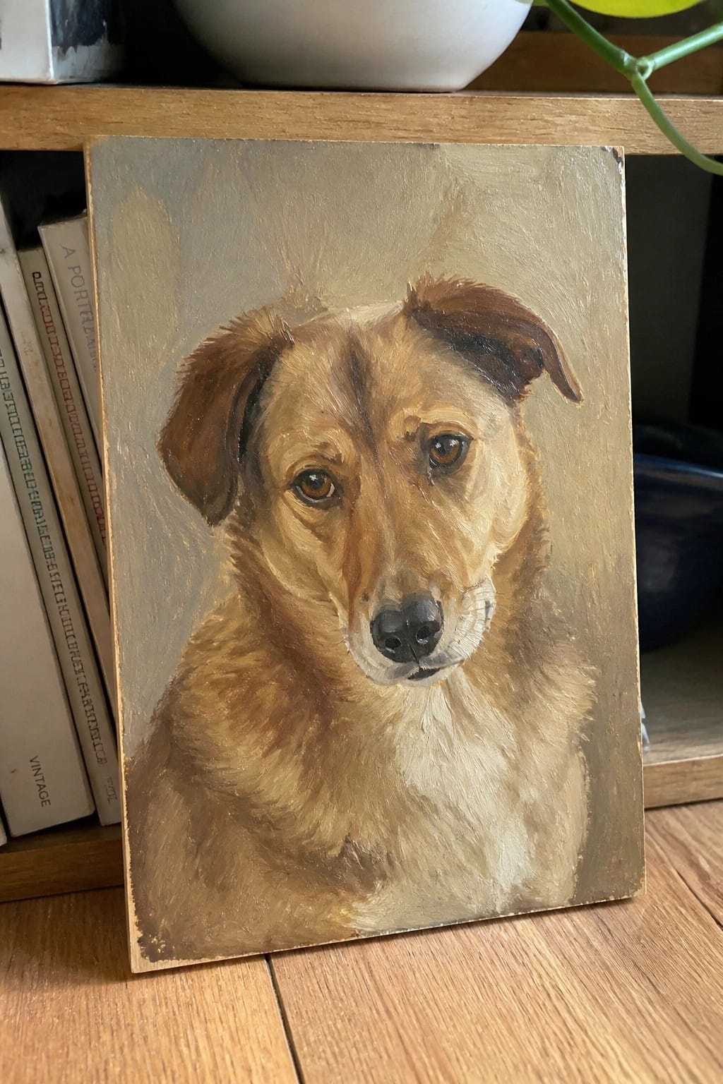 Realistic oil painting of a brown dog with floppy ears on wooden bookshelf