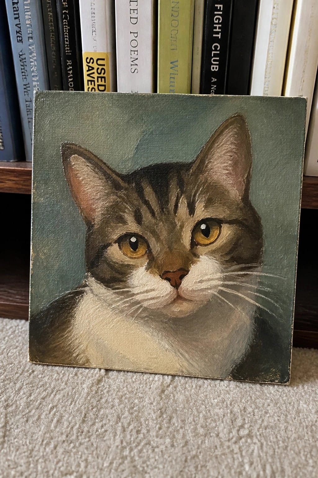Small canvas painting of a tabby cat propped against books on a shelf