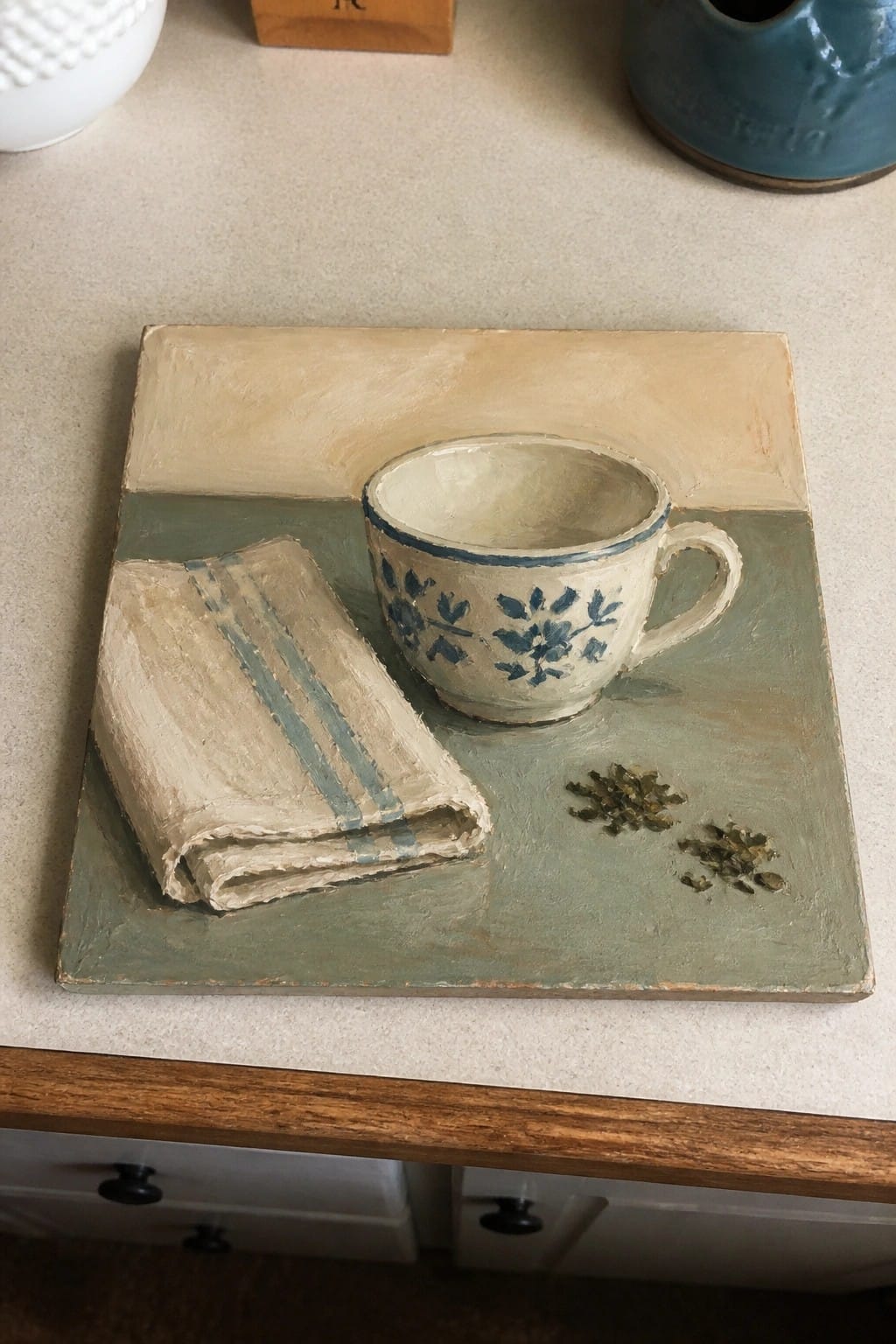 Still life painting of a blue floral teacup beside a striped napkin on green.
