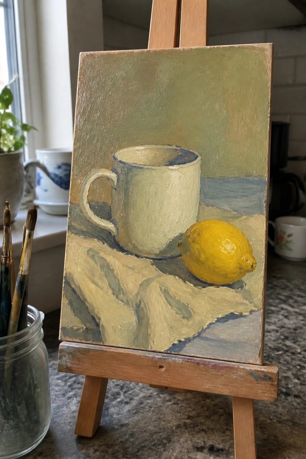 Still life painting of off-white mug and yellow lemon on cloth atop wooden easel.