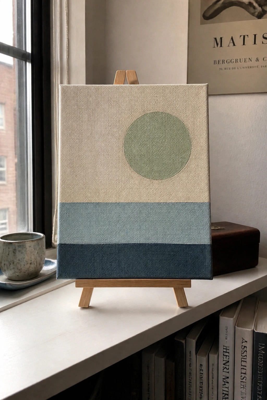 Minimalist canvas on easel with green circle above beige and blue bands