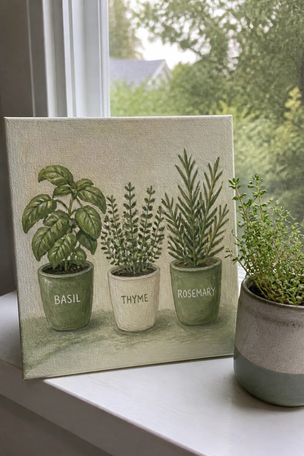 Painting of basil, thyme, and rosemary pots on windowsill beside real plant