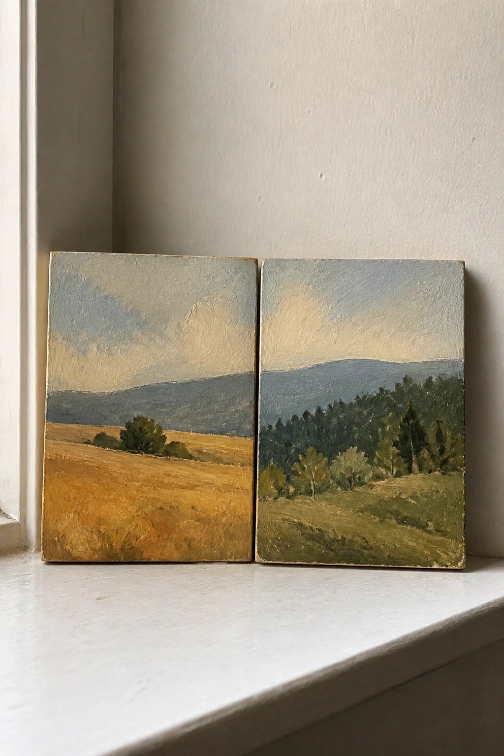 Two landscape paintings on a windowsill, one with golden fields and one with trees