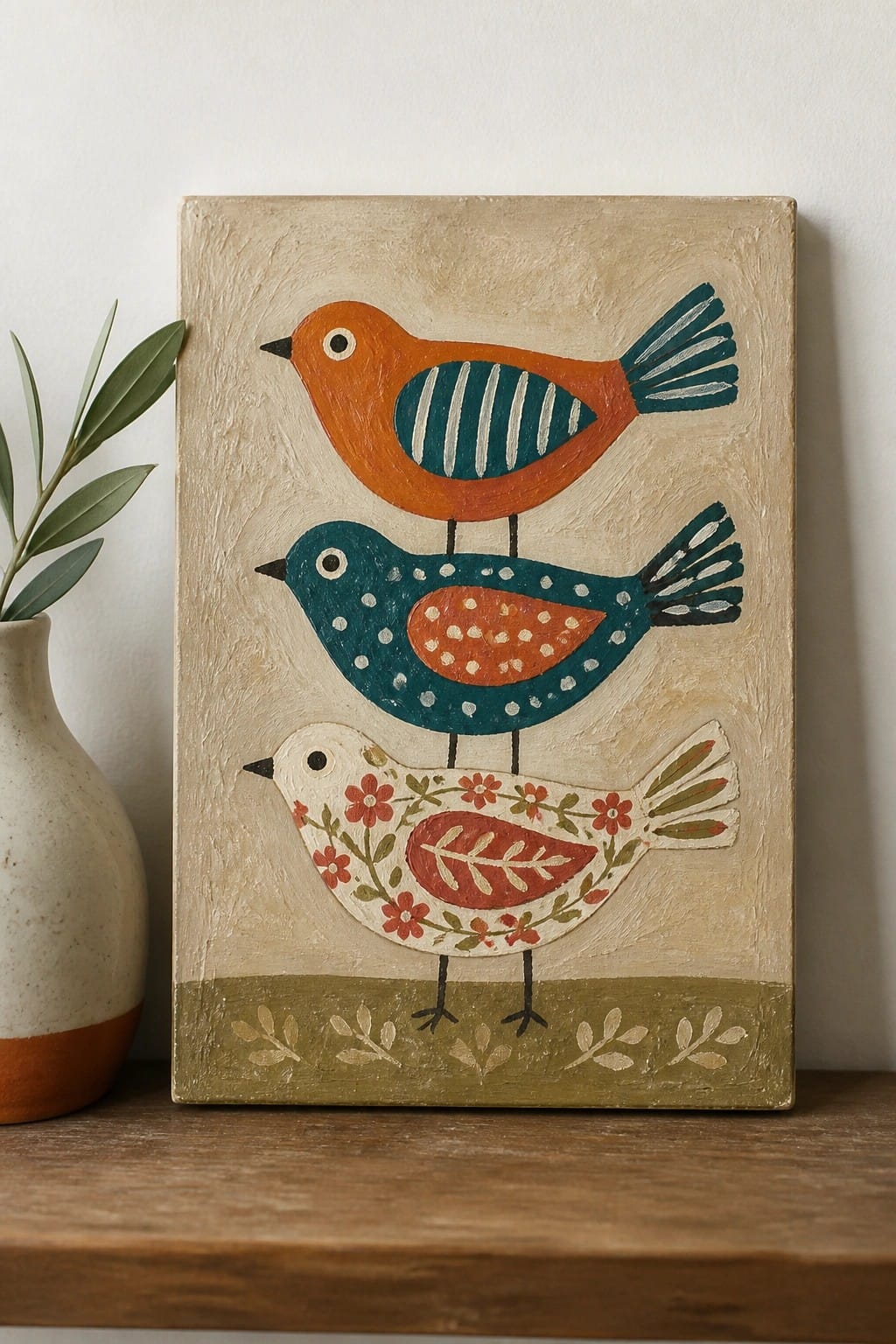 Three stylized birds with patterned bodies stacked vertically on a beige canvas with a green base, displayed on wood beside a ceramic vase.