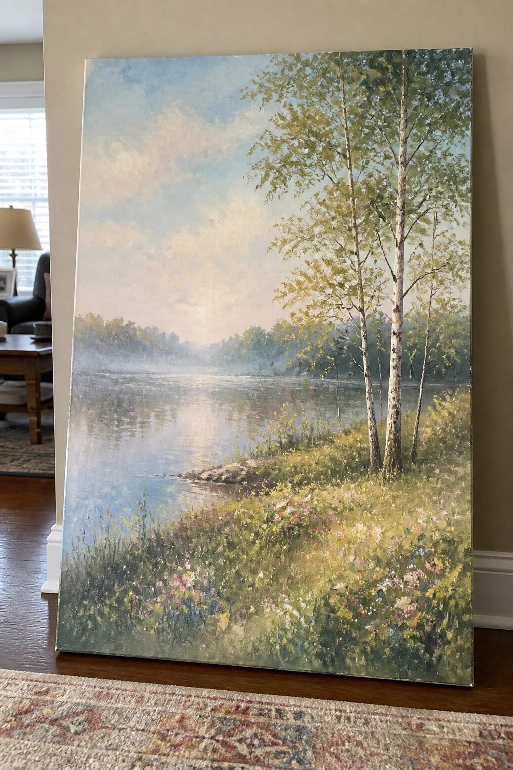 Large landscape painting of misty river with birch trees and wildflowers leaning indoors.