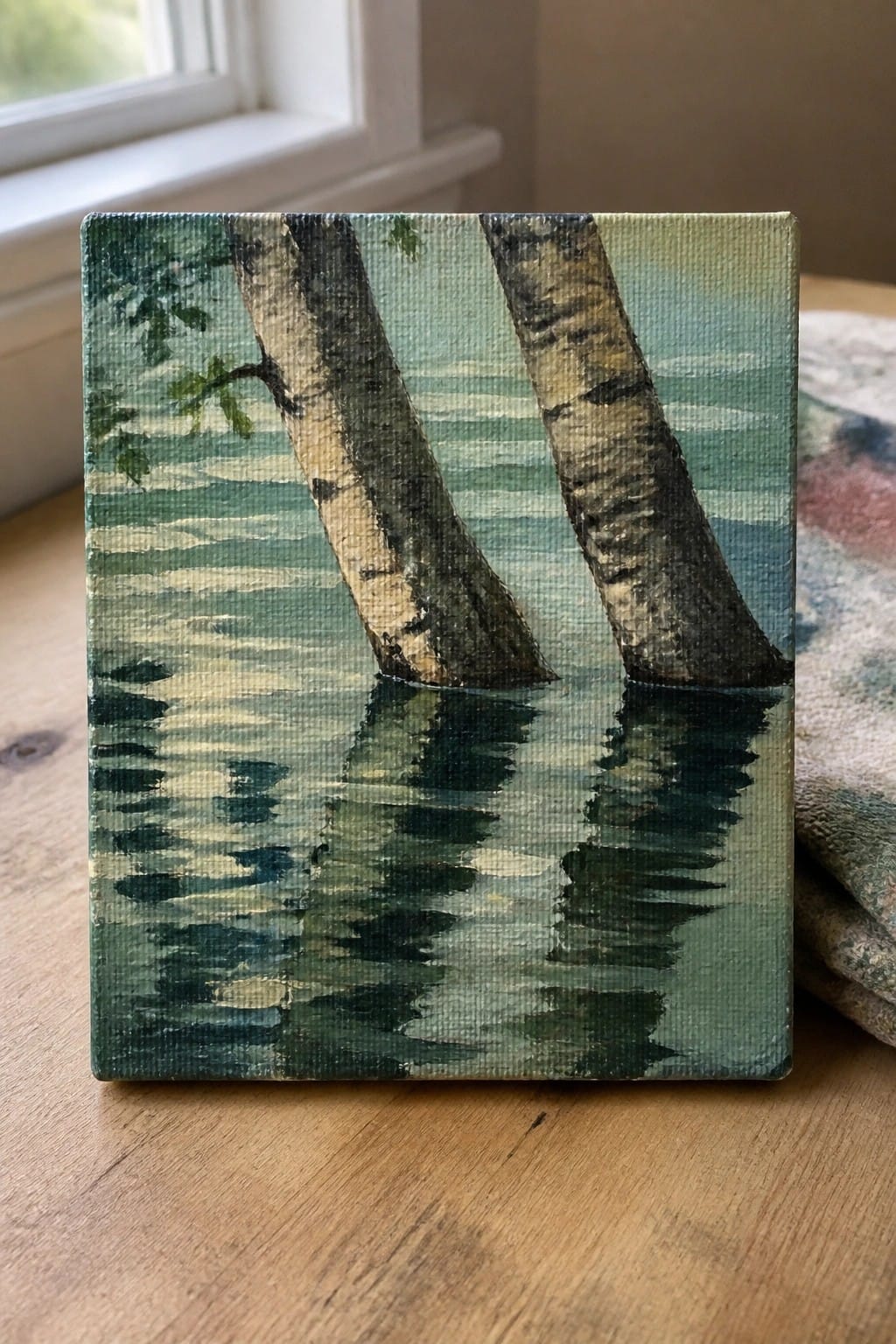 Small canvas painting of two birch trees reflected in greenish water on wooden table