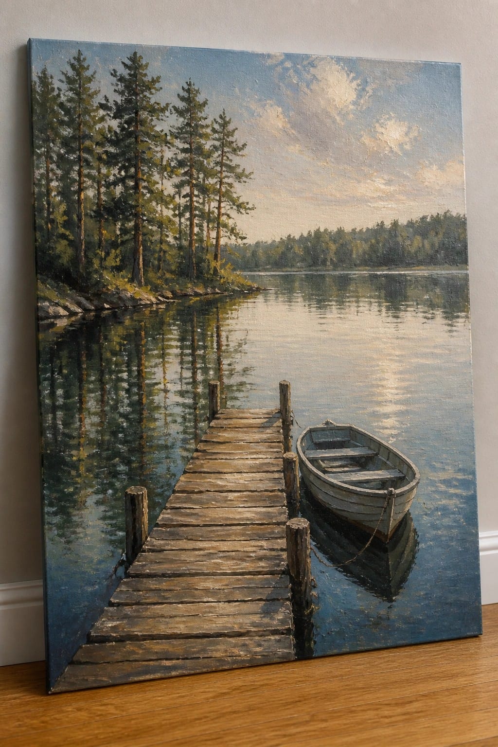 Wooden dock with moored rowboat on calm lake reflecting pines and sky