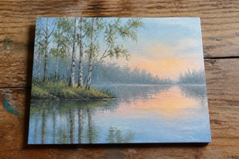 19 Fresh Lake Oil Painting Ideas Focused on Reflections, Trees, and Soft Water Oil painting of birch trees reflected in a calm lake at sunset.