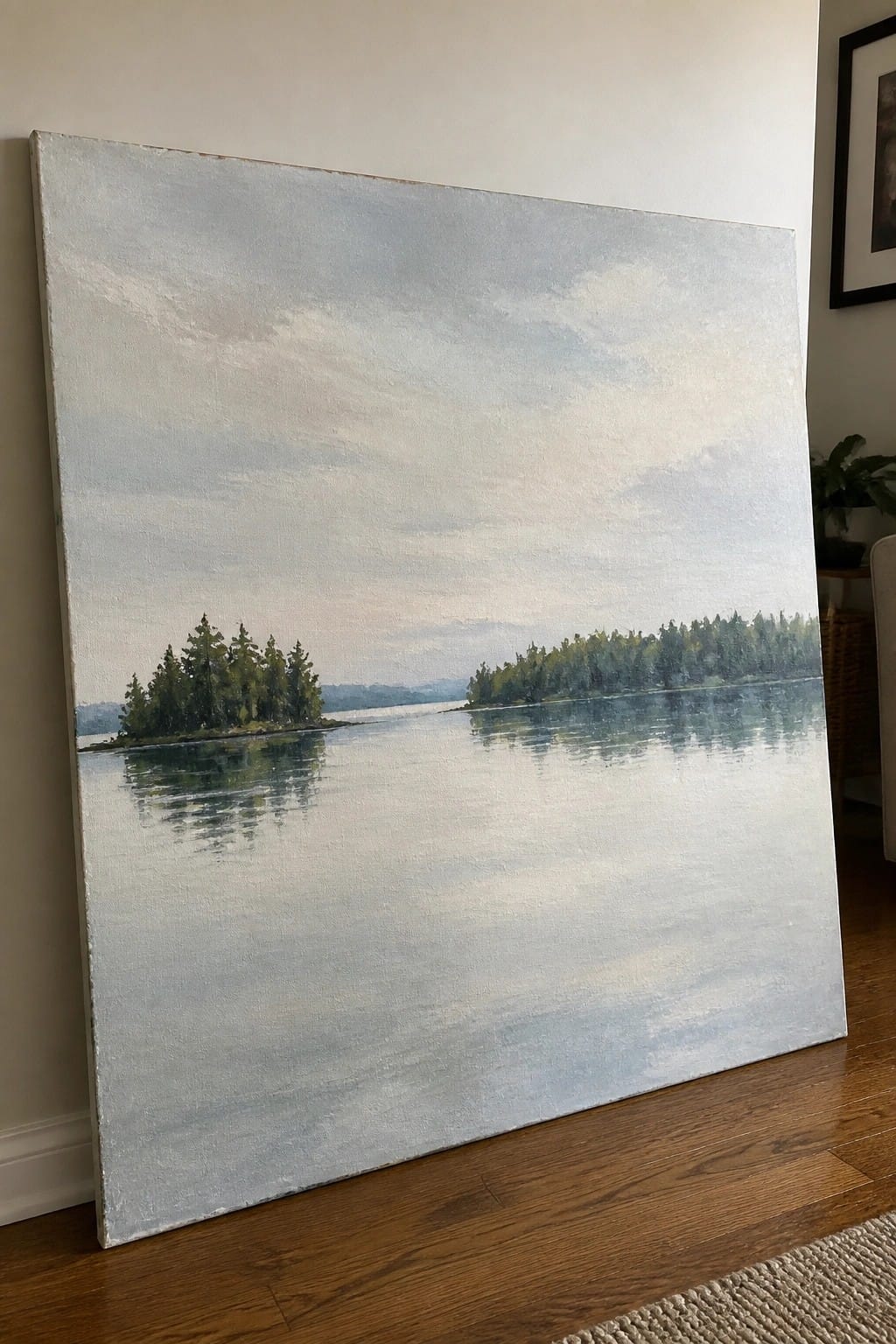 Large landscape painting of calm lake with tree-covered islands leaning against wall on wooden floor