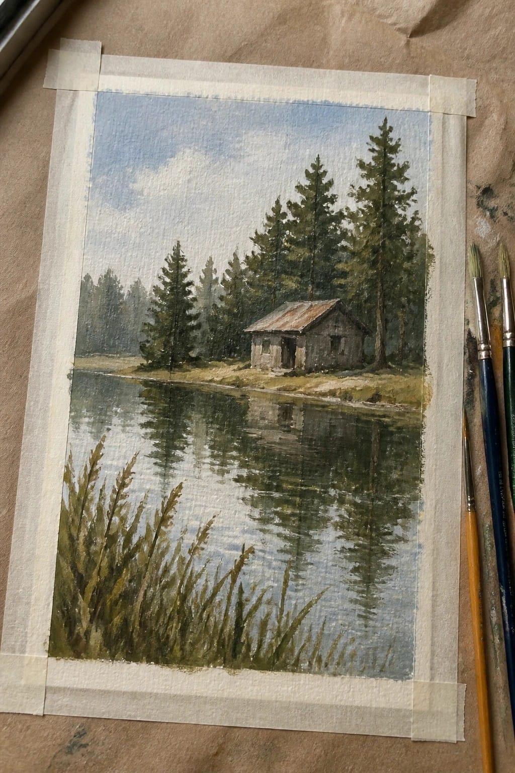 Watercolor painting of cabin by reflective lake with pine trees and paintbrushes nearby