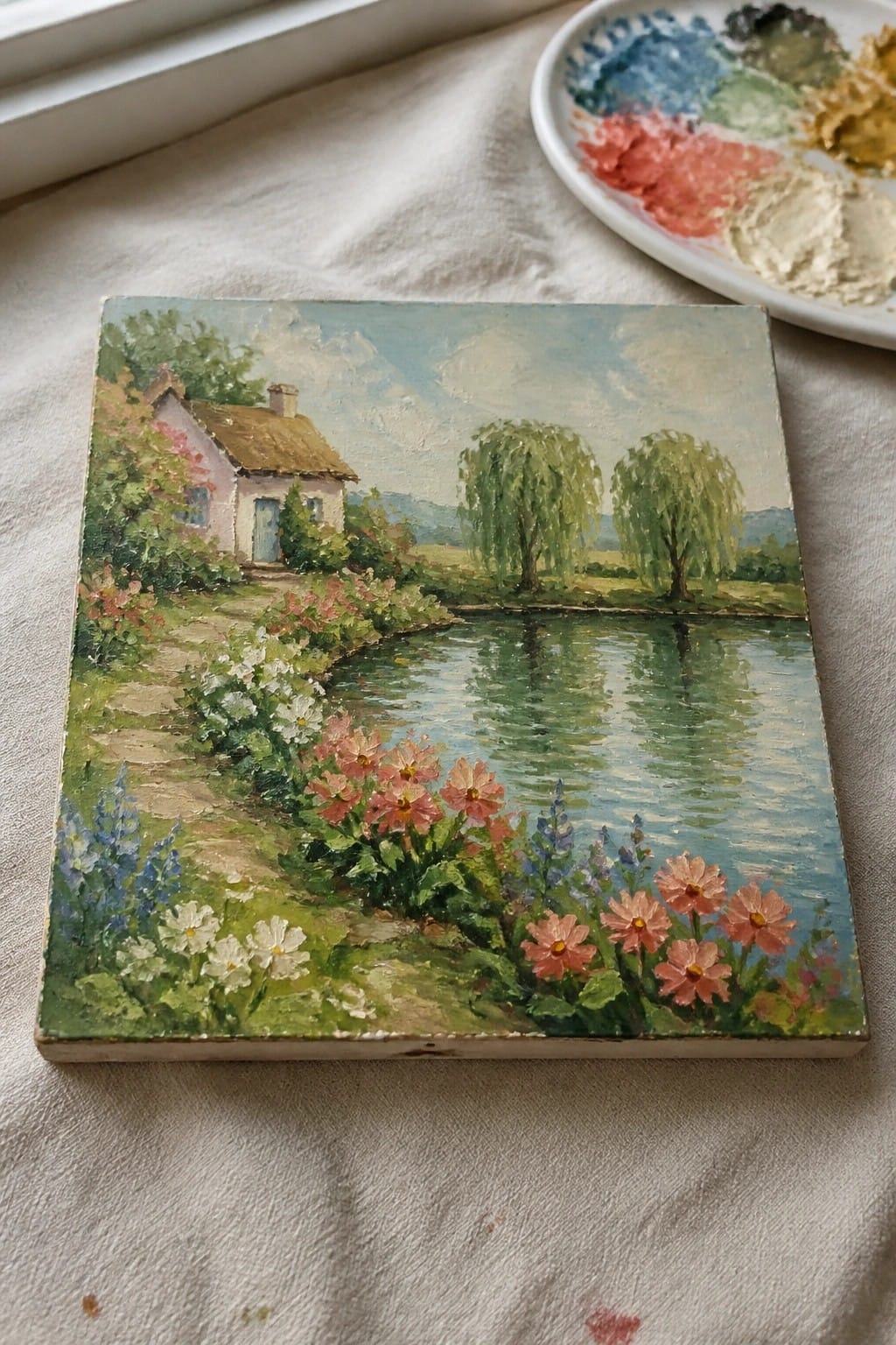 Oil painting of cottage by pond with flowers, willows, and nearby paint palette on cloth.