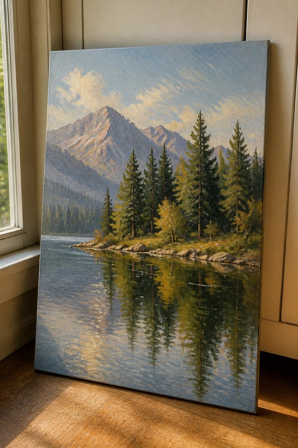 Canvas painting of a mountain lake with pine trees and reflections leaning by window.