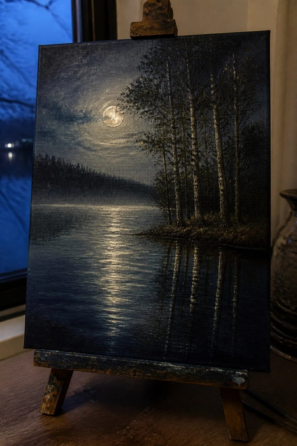 Moonlit landscape painting with full moon reflecting on lake, displayed on wooden easel
