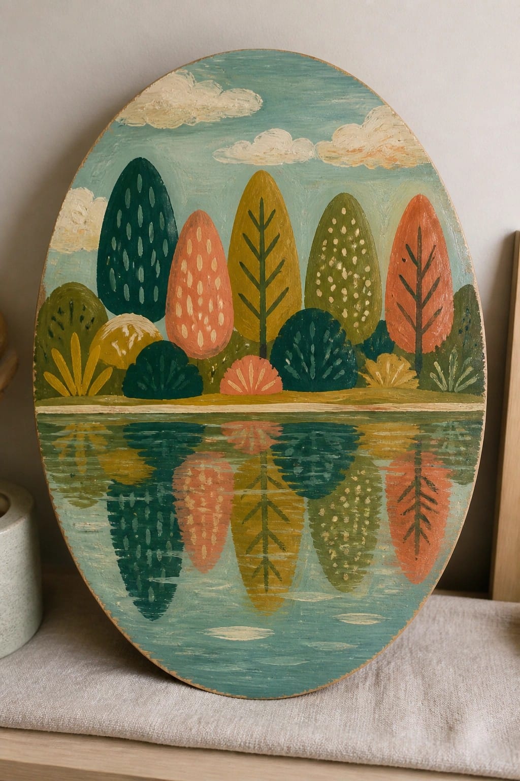 Vibrant oval painting of colorful patterned trees reflected in calm turquoise water.