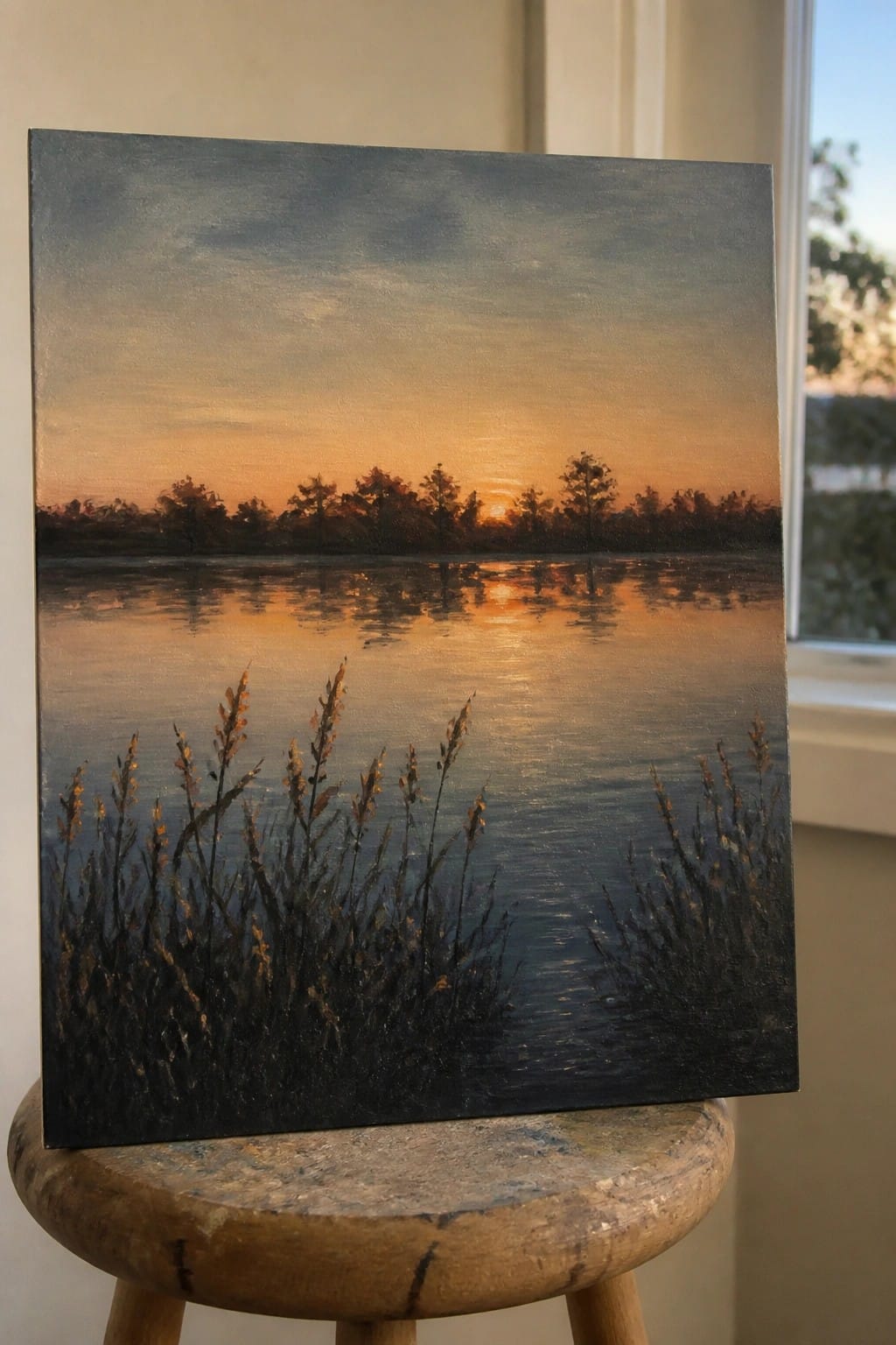 Sunset landscape painting with orange reflections on water, dark trees and grasses on wooden stool
