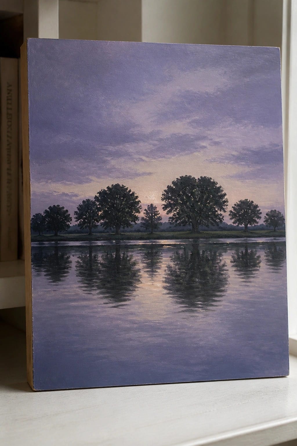 Purple-hued painting of trees reflected in calm lake under sunset sky