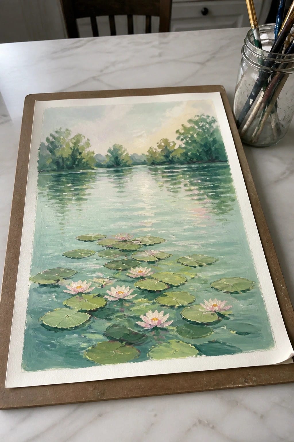 Watercolor of pond with pink water lilies, green lily pads, and tree reflections.